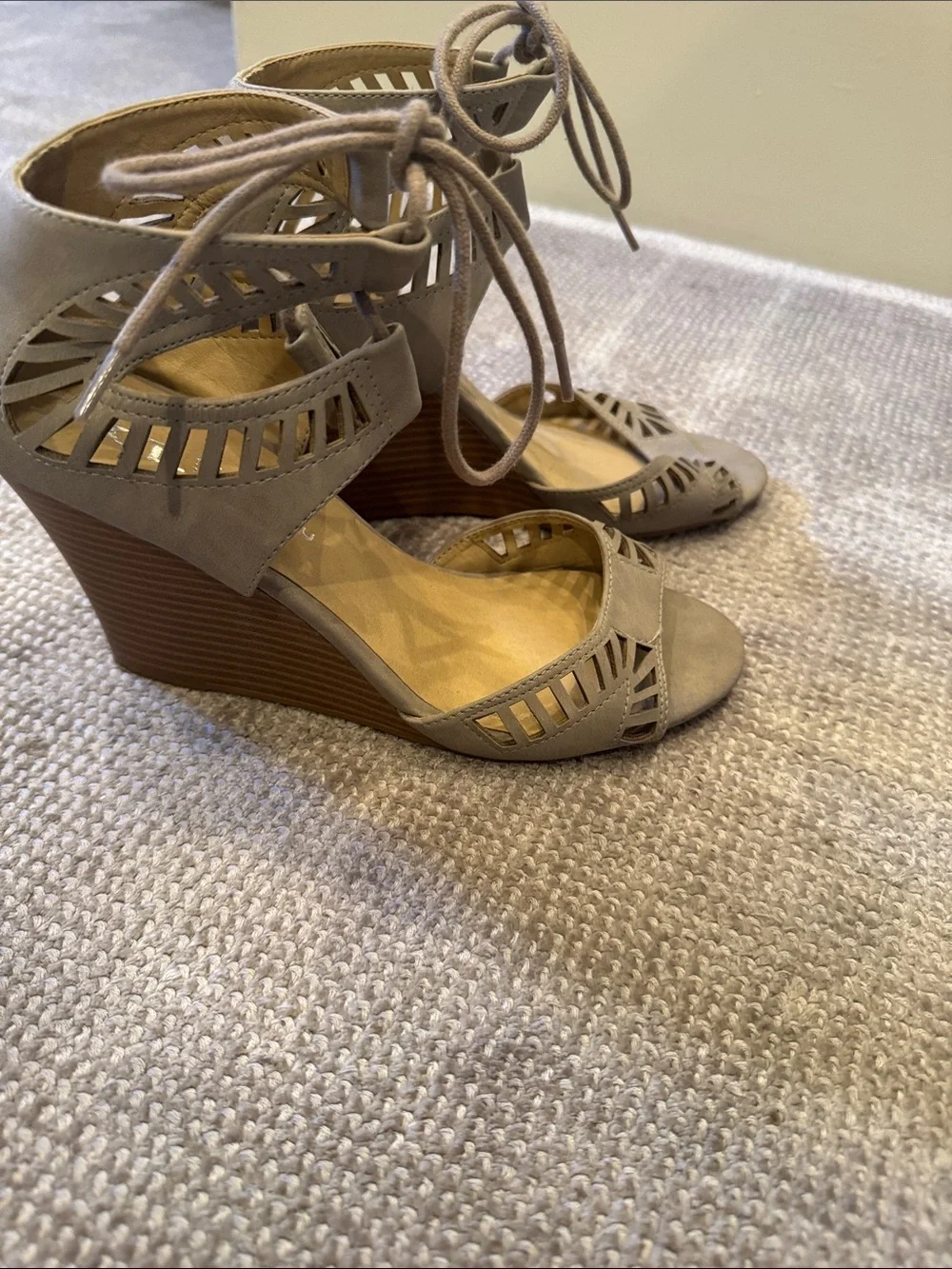 CL by Laundry Taupe Laser-Cut Lace-Up Wedge Sandals